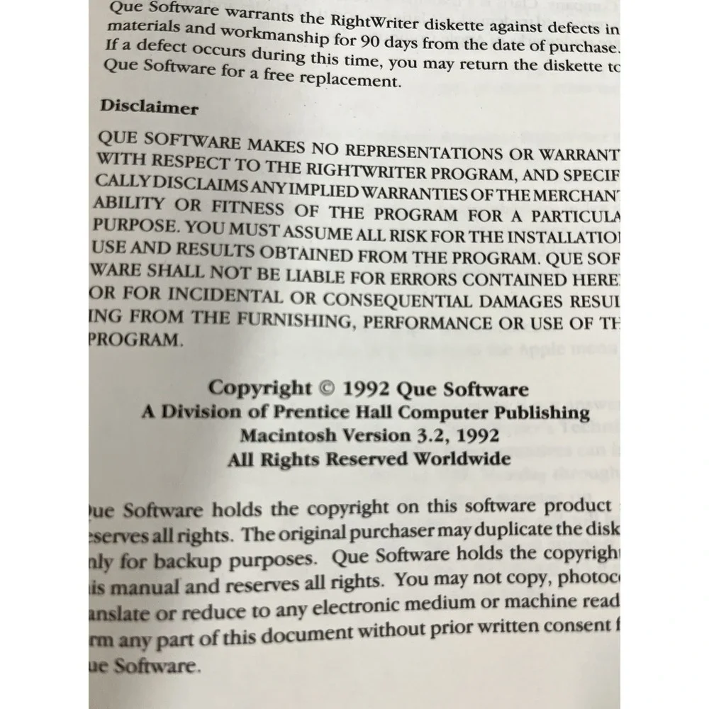 1992 TIME CAPSULE: RightWriter User Manual  V3.2  For The Mac! By Que Software